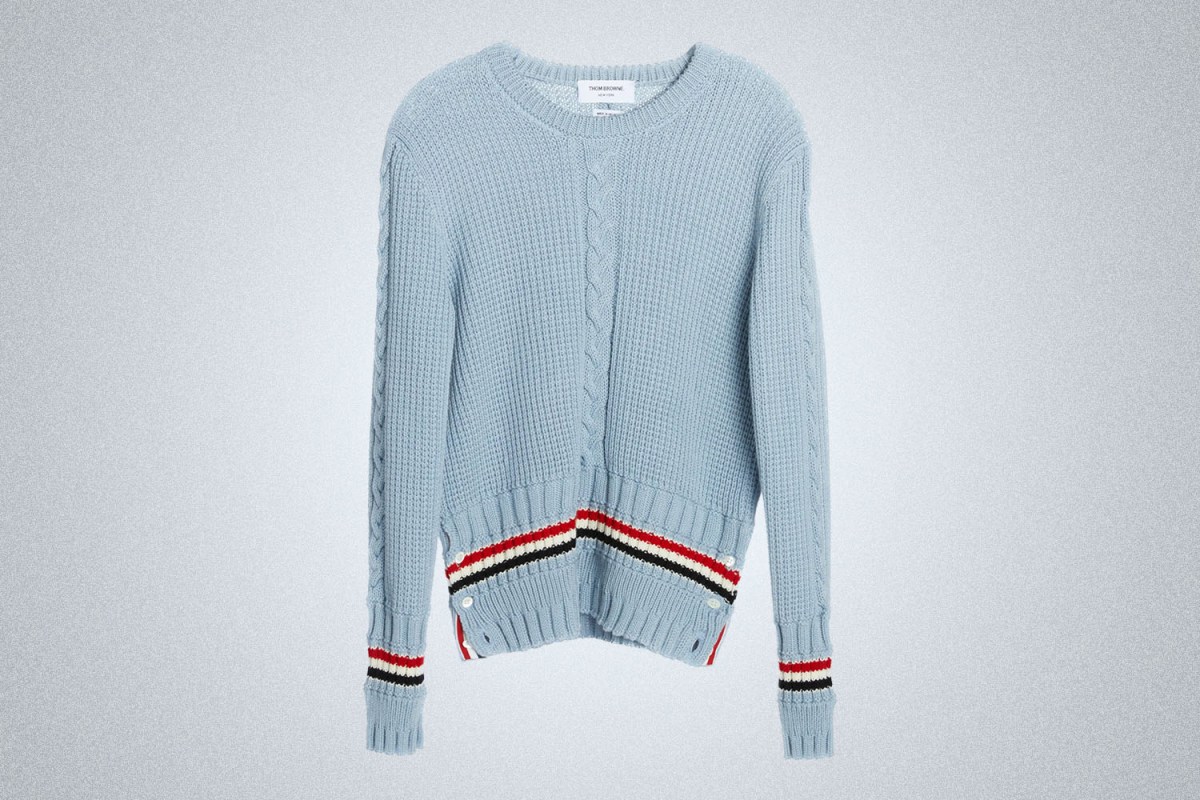 Thom Browne Stripe Trim Cable-Knit Crewneck Wool Sweater