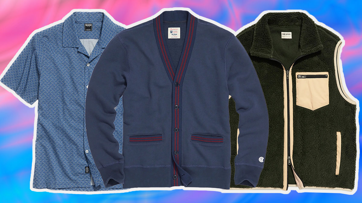 a collage of todd snyder clothing on a red and blue background