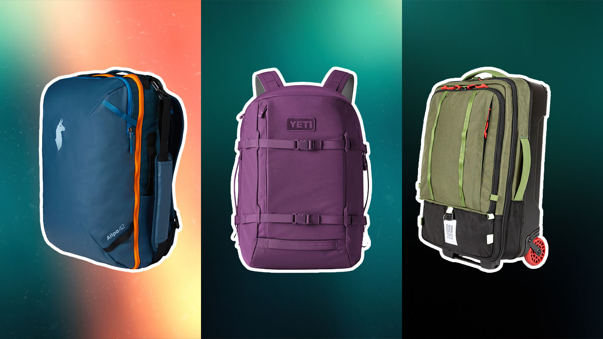 Three travel backpacks on a triptych background