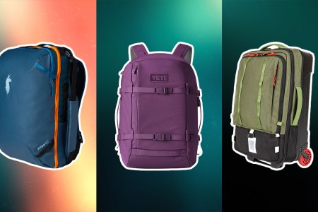 Three travel backpacks on a triptych background