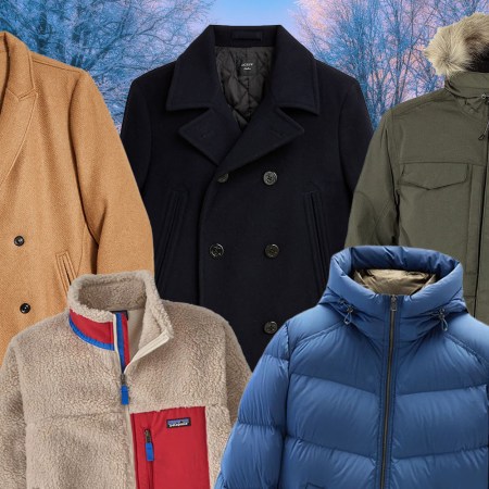 a collage of winter jackets on a grey background