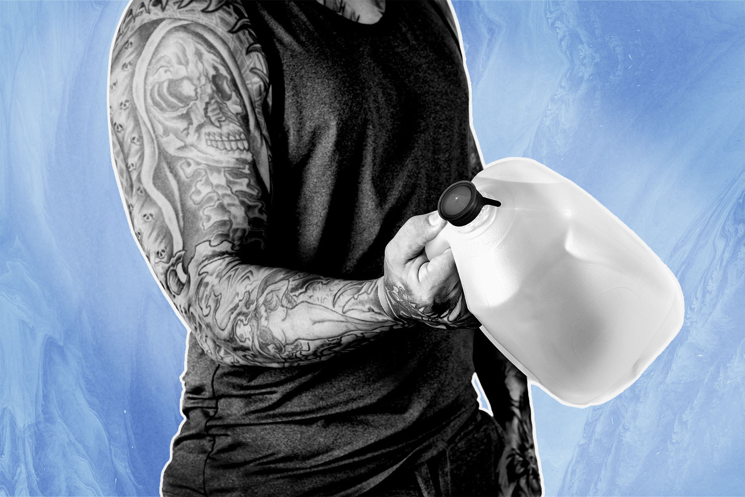 A man curling a water jug against a blue background.