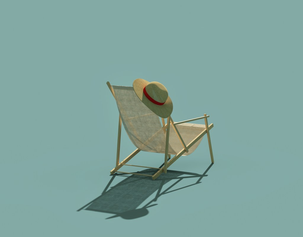 A digitally generated image of beach chair with a sun hat on it against a blue background.