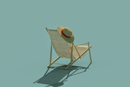 A digitally generated image of beach chair with a sun hat on it against a blue background.