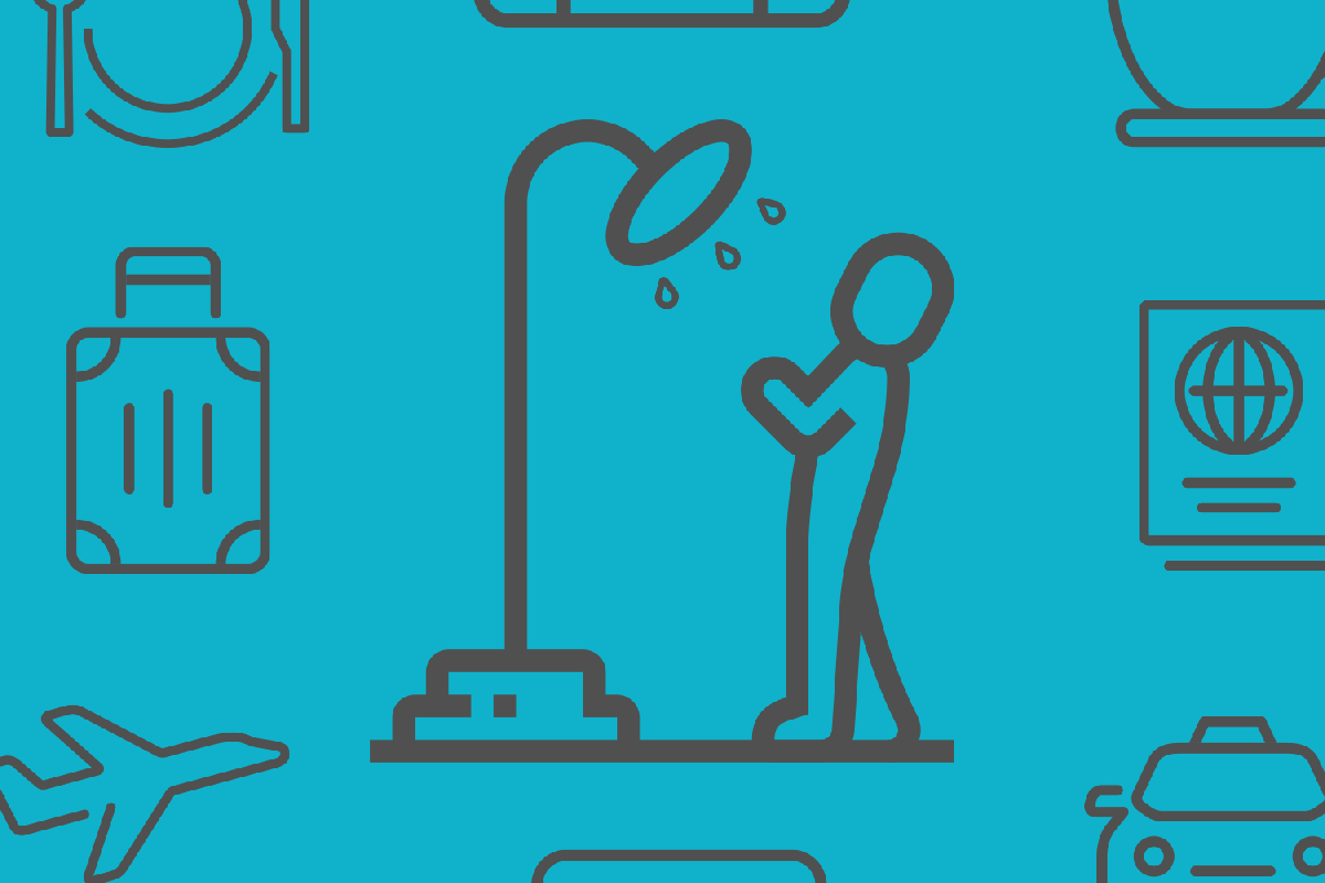 Travel icons, including one for an airport shower showing a person under a shower head