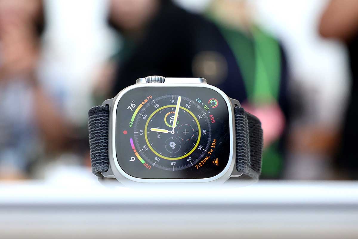A new Apple Watch is displayed during an Apple special event on September 07, 2022 in Cupertino, California. Some Apple Watches may receive an import ban due to upcoming patent infringement cases.