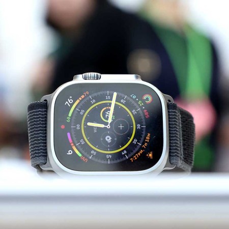A new Apple Watch is displayed during an Apple special event on September 07, 2022 in Cupertino, California. Some Apple Watches may receive an import ban due to upcoming patent infringement cases.
