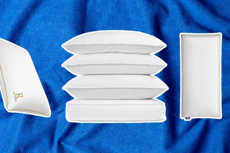Three of the best pillows for every sleeper on a blue textured bedding background