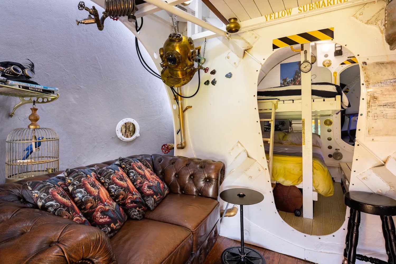 living room yellow submarine airbnb