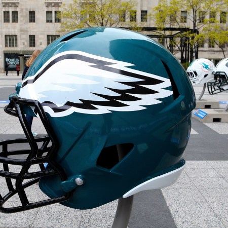 Philadelphia Eagles NFL football helmet is on display in Pioneer Court to commemorate the NFL Draft 2015 in Chicago on April 30, 2015