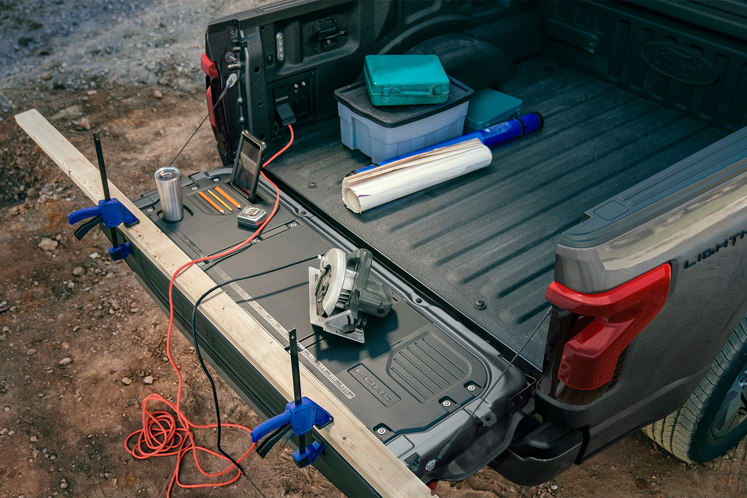 The truck bed of the Ford F-150 Lightning Lariat electric pickup truck