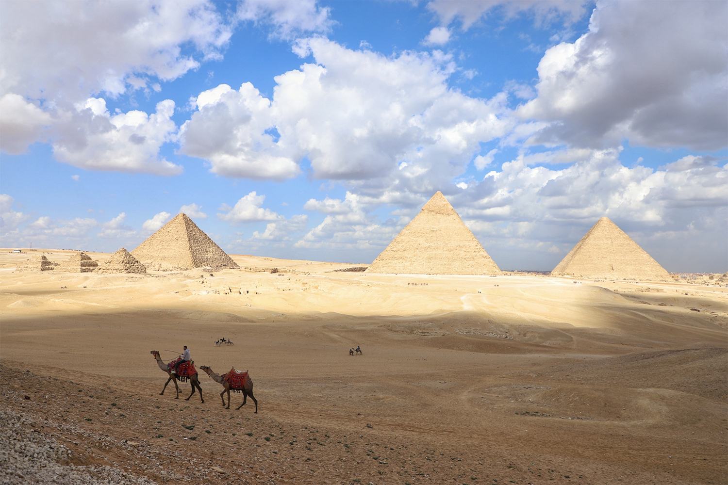 A man riding a camel and leading another animal in front of the Giza pyramid comlpex