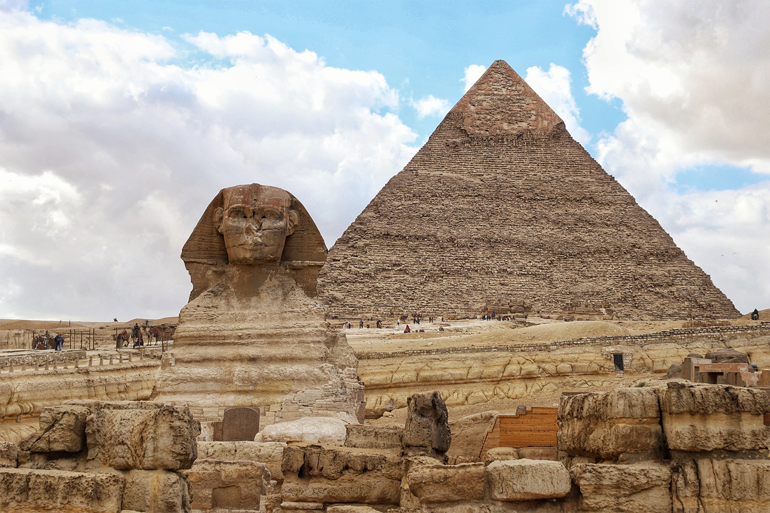 The Great Sphinx of Giza in the foreground with the Great Pyramid of Giza in the background
