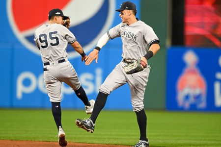 Oswaldo Cabrera and Aaron Judge celebrate a Yankee win in 2022.