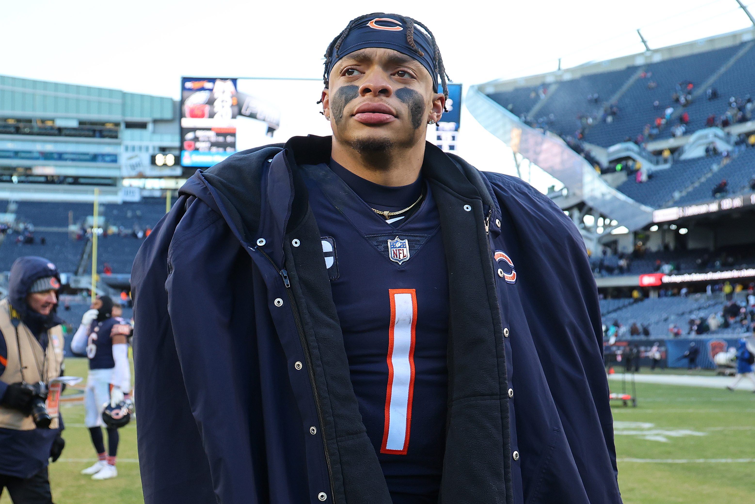Justin Fields bundles up at Soldier Field in Chicago.