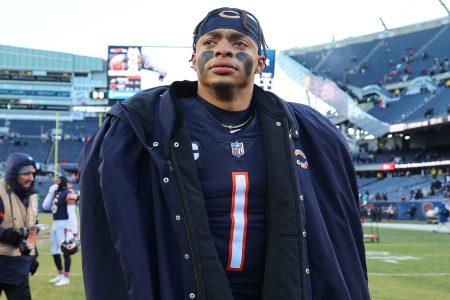 Justin Fields bundles up at Soldier Field in Chicago.