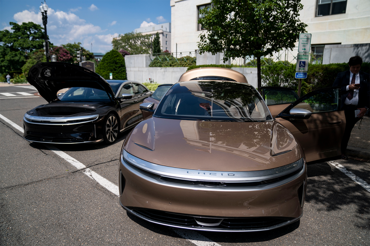 Lucid Motors electric cars parked outside the Dirksen Senate Office Building on Capitol Hill on Wednesday, July 20, 2022