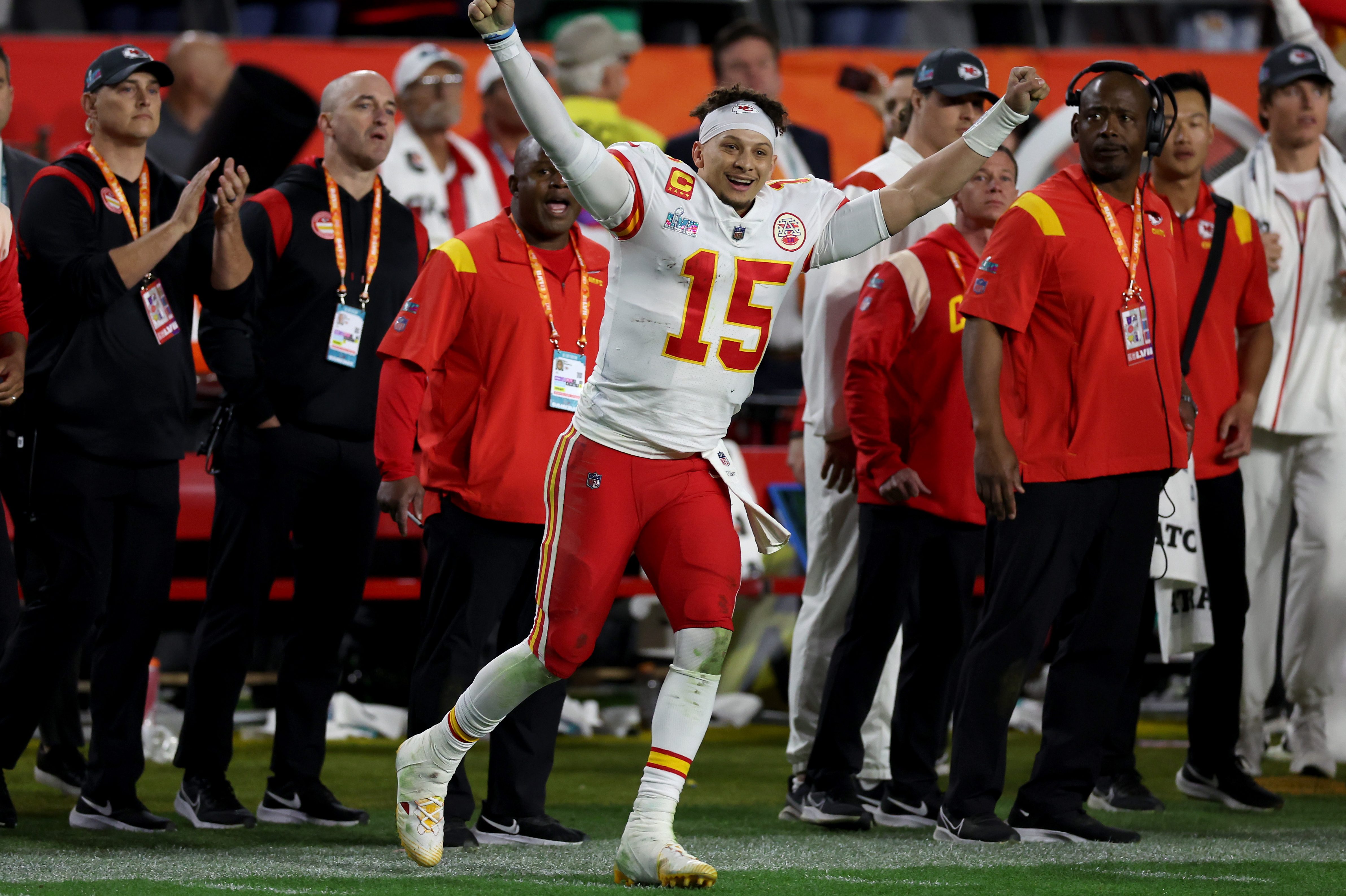 Patrick Mahomes of the Chiefs celebrates winning Super Bowl LVII.