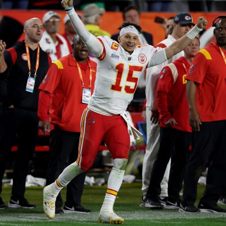 Patrick Mahomes of the Chiefs celebrates winning Super Bowl LVII.