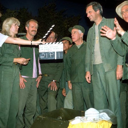 The last episode of MASH,'Goodbye, Farewell and Amen'. 'Goodbye, Farewell and Amen' remained the most watched television broadcast in American history. From second left: Loretta Swit, Mike Farrell, David Ogden Stiers, Jamie Farr, Harry Morgan, Alan Alda, William Christopher and Judy Farrell at Fox Ranch, June 18, 1984 at the Malibu Creek State Park in California
