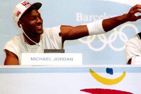 Michael Jordan clowns around with media in 1992.