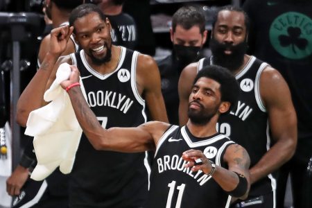 Kyrie Irving, Kevin Durant and James Harden as members of the Nets.