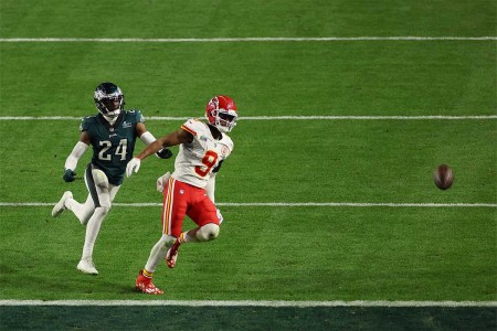 James Bradberry #24 of the Philadelphia Eagles is called for holding against JuJu Smith-Schuster #9 of the Kansas City Chiefs during the fourth quarter in Super Bowl LVII at State Farm Stadium on February 12, 2023 in Glendale, Arizona