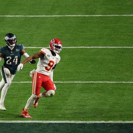 James Bradberry #24 of the Philadelphia Eagles is called for holding against JuJu Smith-Schuster #9 of the Kansas City Chiefs during the fourth quarter in Super Bowl LVII at State Farm Stadium on February 12, 2023 in Glendale, Arizona