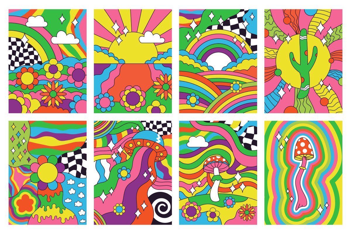 A groovy background of hippie imagery. We take a look at the relationship between psychedelics and neuroplasticity, and how it may not be all sunshine and rainbows.