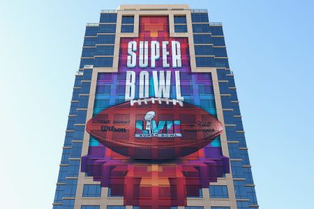A view of Super Bowl LVII signage in Phoenix.