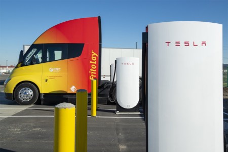 One of the Tesla Semi trucks next to a charging station at Frito-Lay and PepsiCo's Modesto, California factory