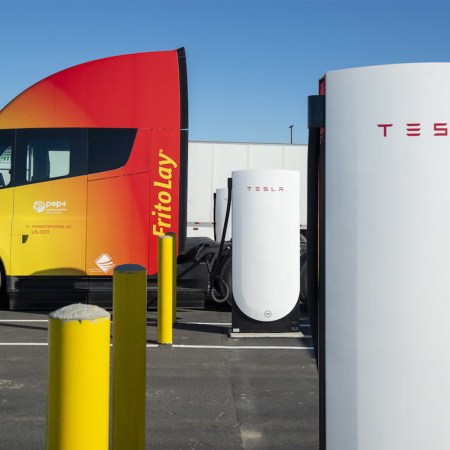 One of the Tesla Semi trucks next to a charging station at Frito-Lay and PepsiCo's Modesto, California factory