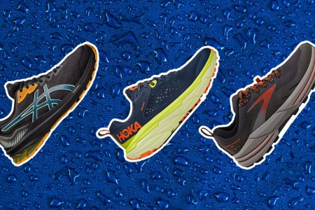three waterproof running shoes from brooks, asics and Hoka