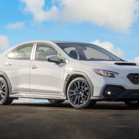 A white 2023 Subaru WRX. We tested and reviewed the high performance sedan.