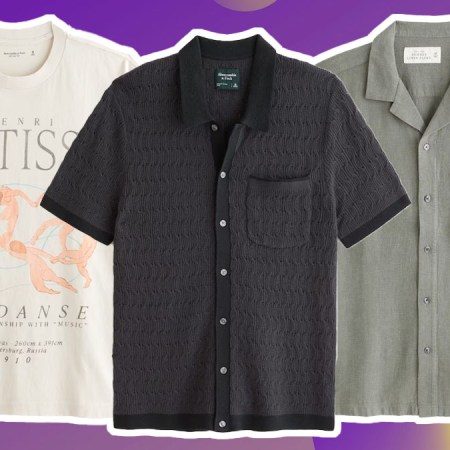 a collage of shirts from the Abercrobmie & Fitch sale on a purple background