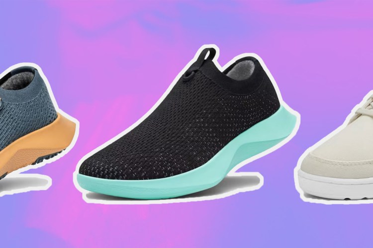 a collage of items from the Allbirds sale on a purple background