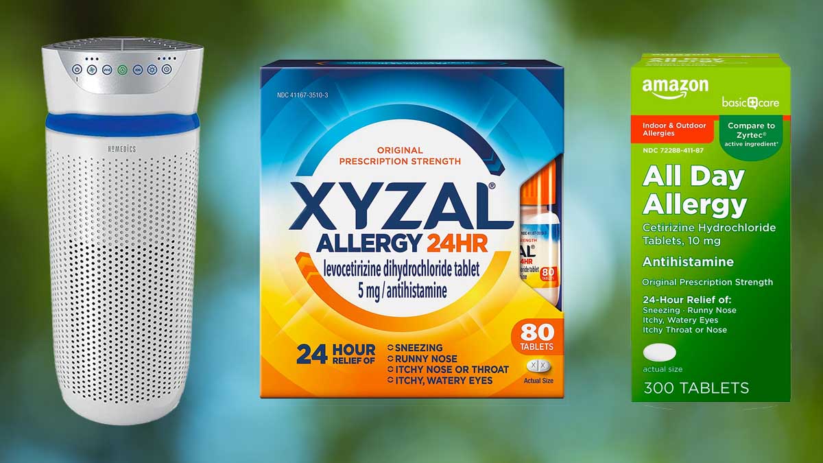 Allergy relief products from Amazon, on a green background