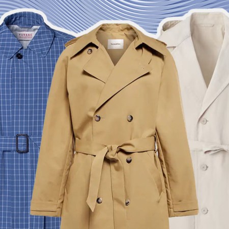 a collage of the best trench coats for men on a blue background