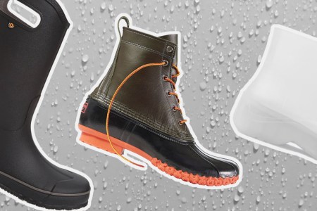 a collage of the best rain boots for men on a grey rainy background