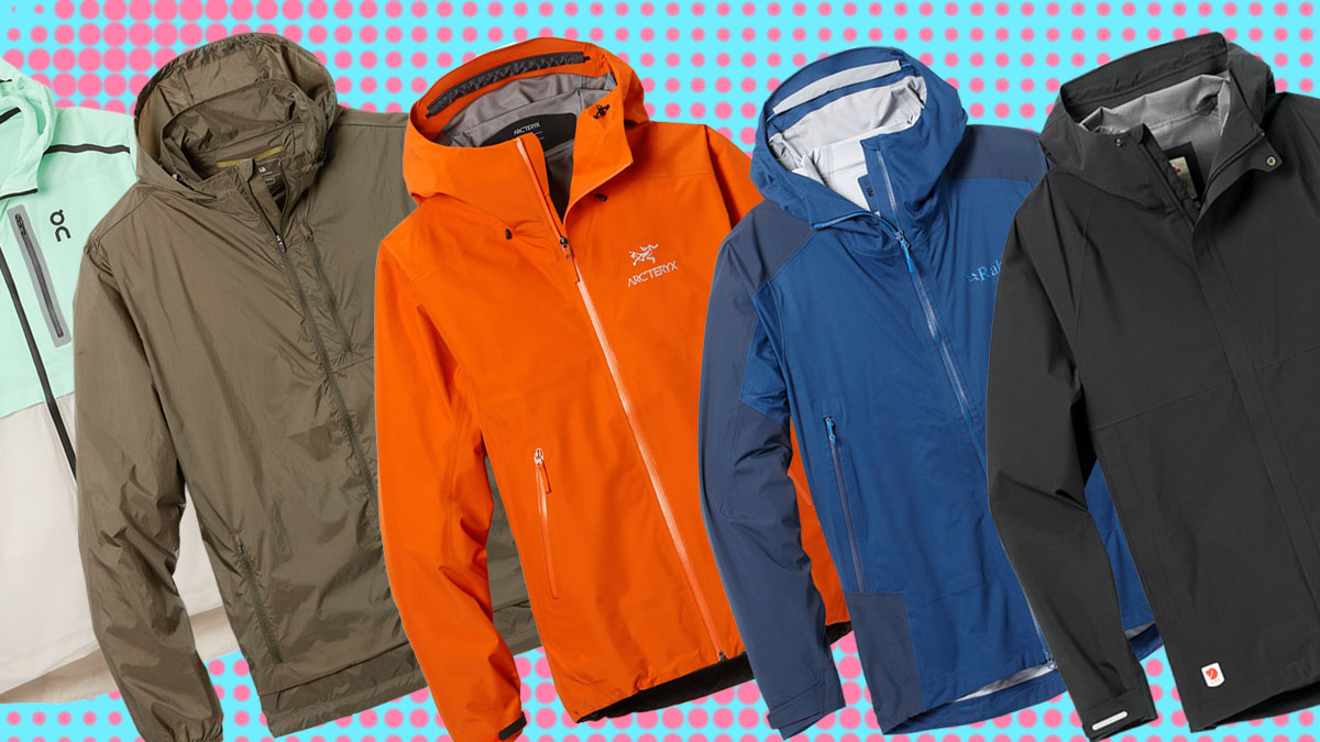 a collage of the best rain jackets for men on a pink and blue dotted background