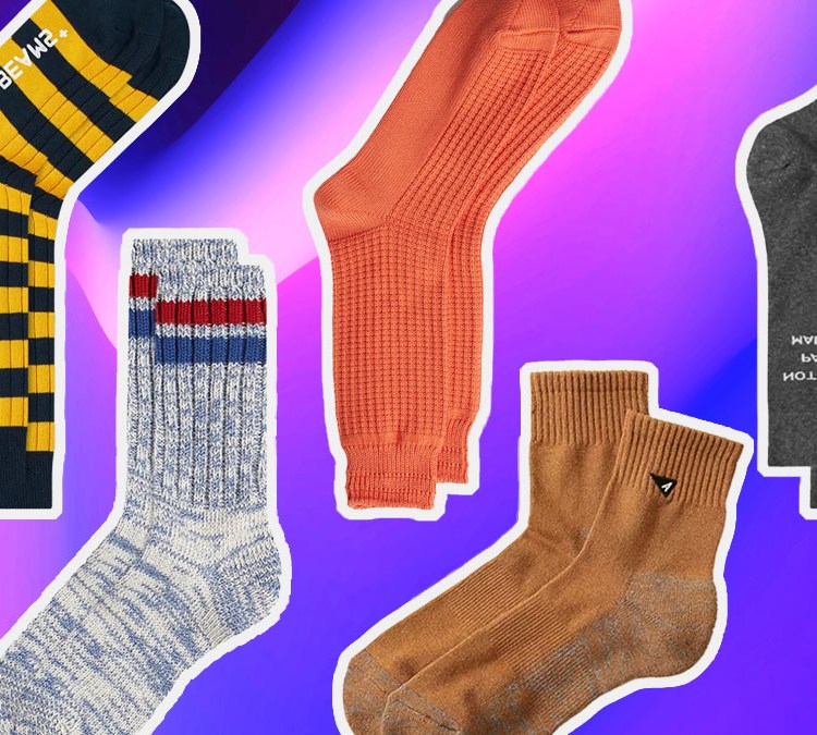 a collage of the best socks for men on a purple and blue gradient background
