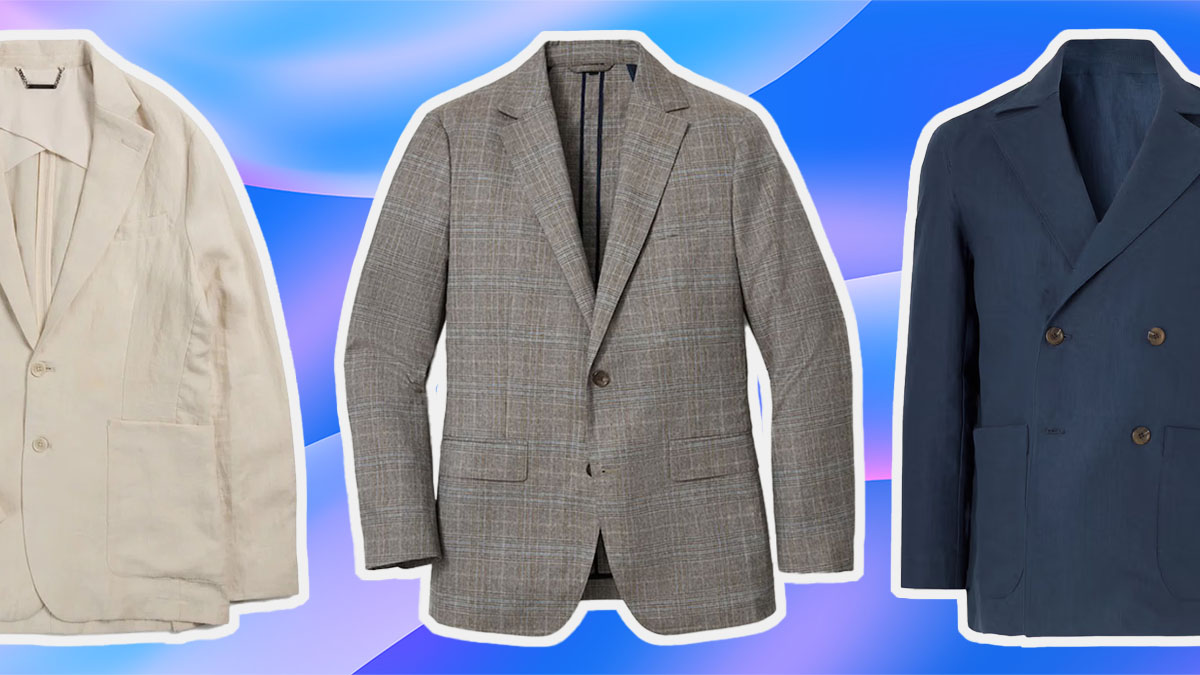 a collage of the best spring blazers for men on a blue striped background