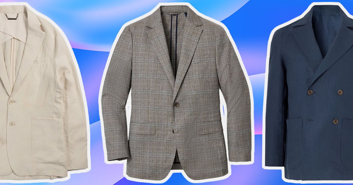 a collage of the best spring blazers for men on a blue striped background