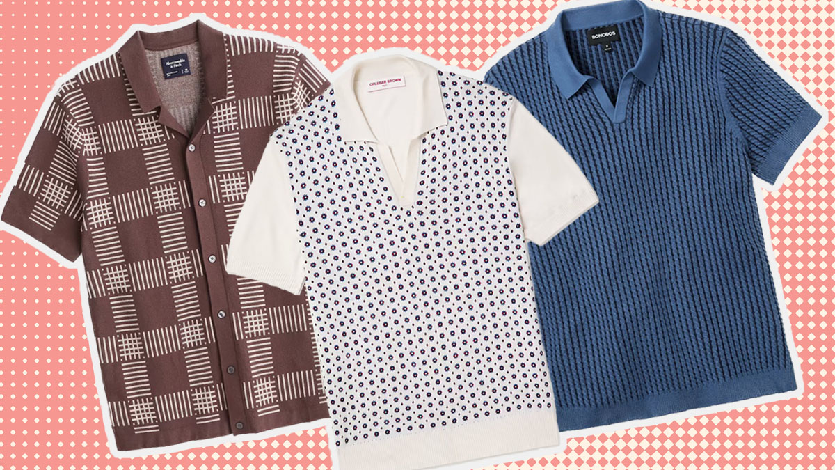 a collage of the best knit polos for men on a red dotted backgorund