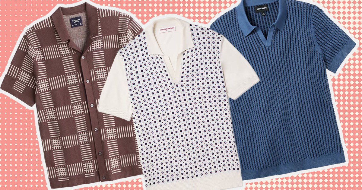 a collage of the best knit polos for men on a red dotted backgorund