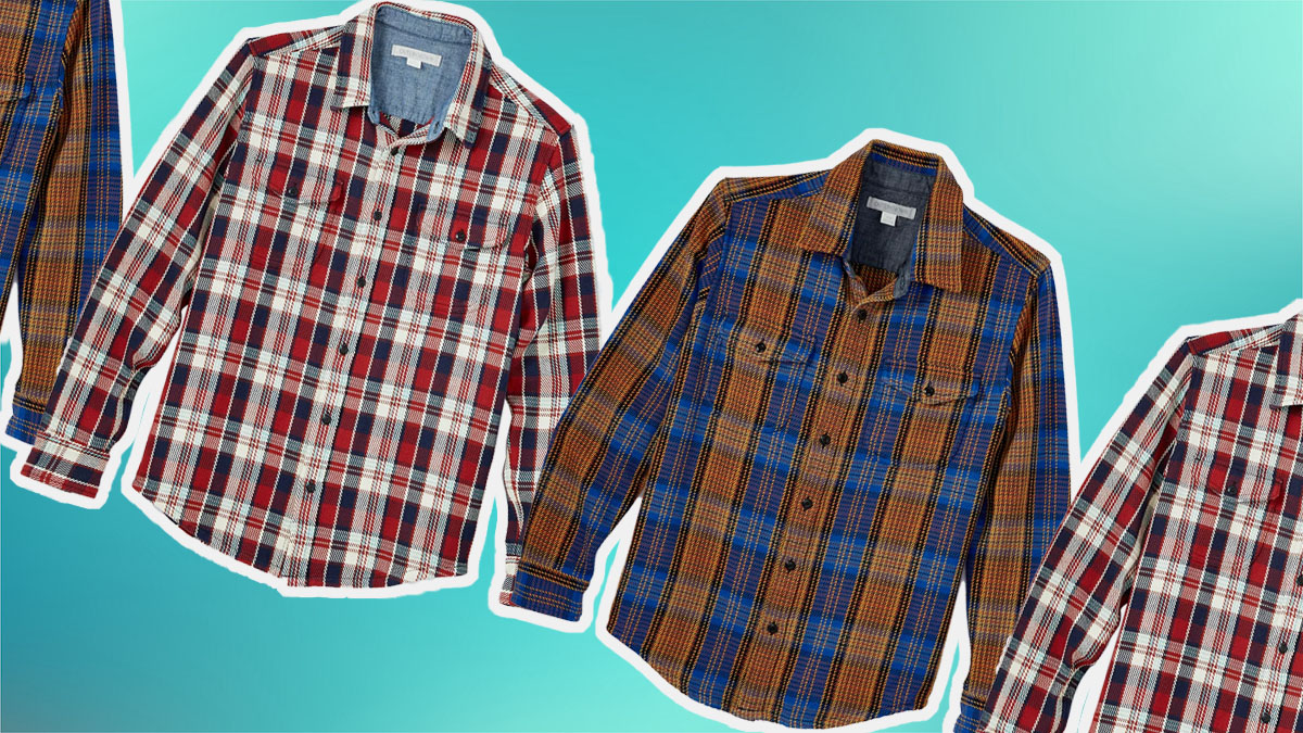 a collage of Outerknown Blanket Shirts on a blue background