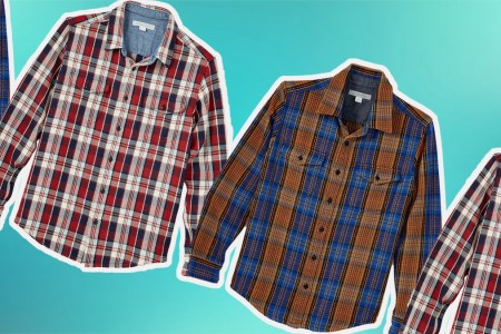 a collage of Outerknown Blanket Shirts on a blue background