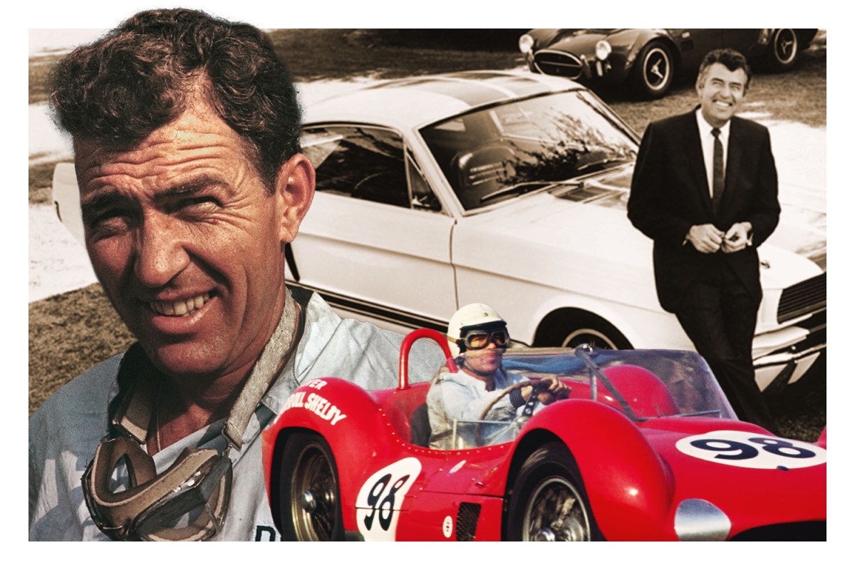 A collage of images of Carroll Shelby, a race car visionary known for Le Mans wins as well as Ford and Cobra cars