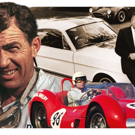 A collage of images of Carroll Shelby, a race car visionary known for Le Mans wins as well as Ford and Cobra cars