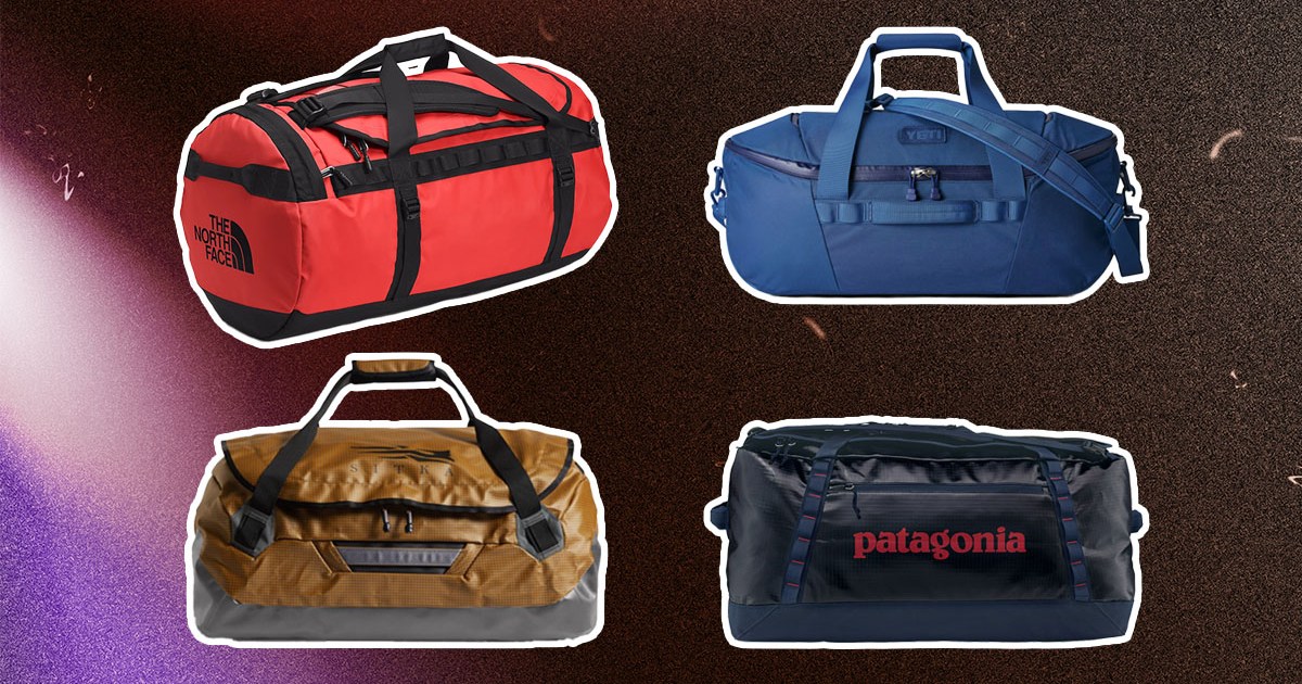 Four outdoor duffel bags on a purple and red abstract background